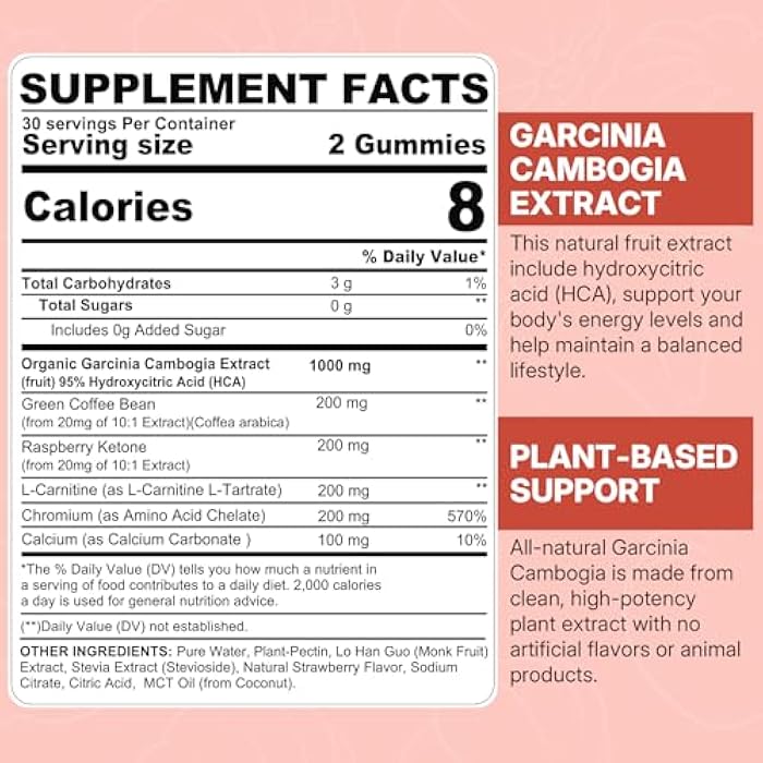 NEVISS Sugar Free Garcinia Cambogia Gummies 1000mg 95% HCA Pure Extract with L-Carnitine, Raspberry Ketone, Chromium, Green Coffee Bean for Metabolism, 100% Organic Extract, Vegan, Strawberry Flavor 60 Cts - Image 2