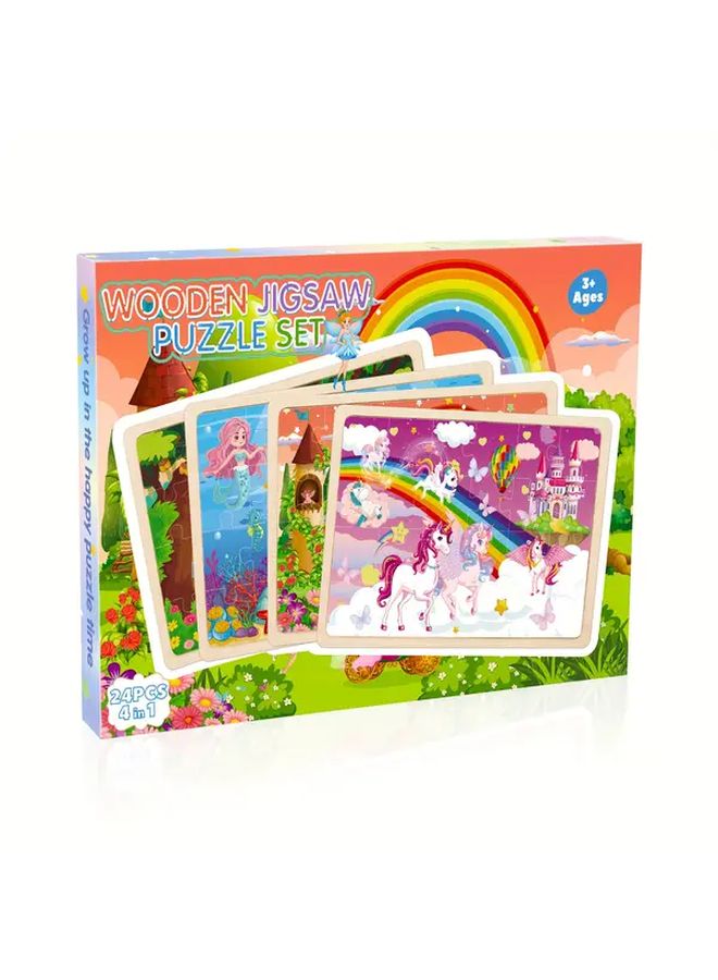 4 قطع من أحجية يونيكورن حورية البحر الخشبية للأطفال، لعب تعليمي، نشاط عائلي، هدية - Image 1