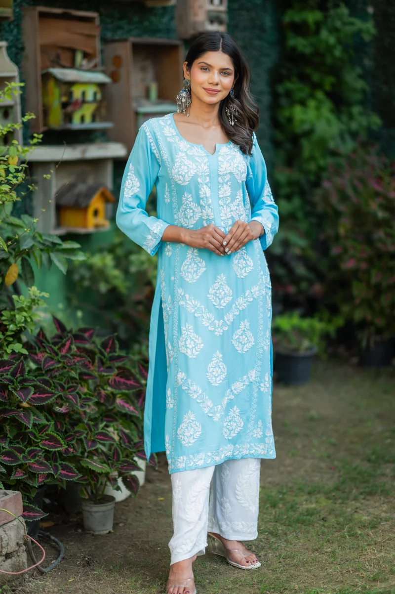 ZERESOUQ Sunehri Blue Modal Chikankari Kurta Only