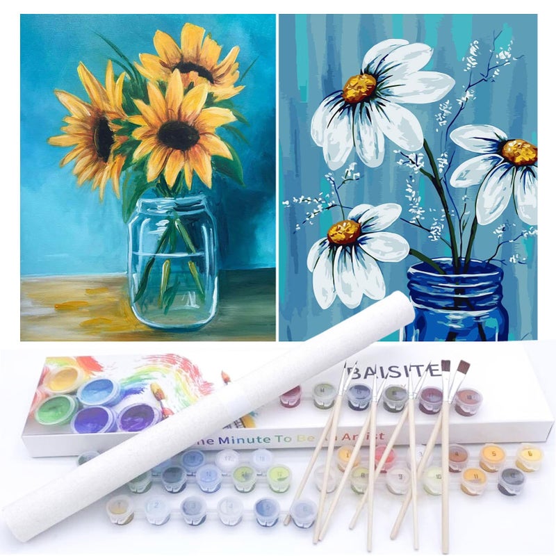 BAISITE Paint by Numbers Kit for Adults Beginners12 Wx16 L 2 Pack Canvas for Painting Kits for Adults in Colorful BoxDaisy and Sunflowers 0304