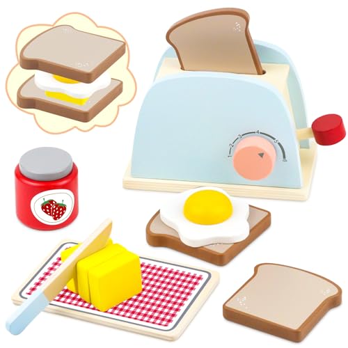 Airlab Play Kitchen Accessories Toddlers 1-3 Wooden Pop-up Toaster Toy Play Food Kids Age 1 2 3, Bread, Butter, Poached Egg Cutting Pretend Toys for 2-4 Year Old Toddlers Boys Girls - Image 1