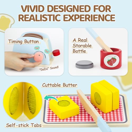 Airlab Play Kitchen Accessories Toddlers 1-3 Wooden Pop-up Toaster Toy Play Food Kids Age 1 2 3, Bread, Butter, Poached Egg Cutting Pretend Toys for 2-4 Year Old Toddlers Boys Girls - Image 3