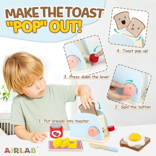 Airlab Play Kitchen Accessories Toddlers 1-3 Wooden Pop-up Toaster Toy Play Food Kids Age 1 2 3, Bread, Butter, Poached Egg Cutting Pretend Toys for 2-4 Year Old Toddlers Boys Girls - Image 5