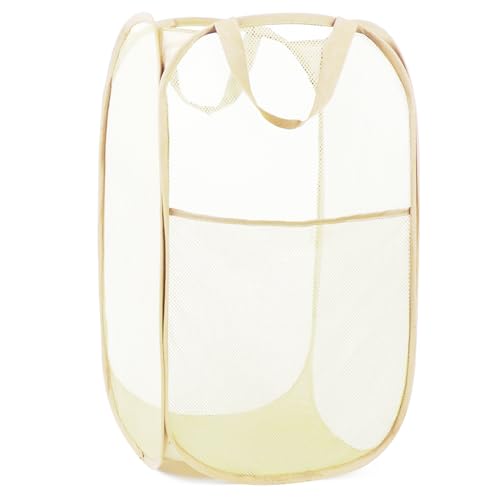 Bemkoo Durable Collapsible Laundry Baskets- Reinforced Mesh Pop Up Laundry Hamper with Side Pocket, Foldable Clothes Storage Hamper with Carry Handles for Laundry, Bathroom, Kids Room, Dorm or Travel Beige - Image 1