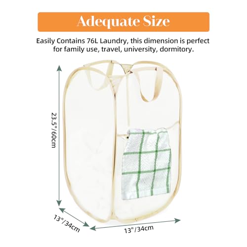 Bemkoo Durable Collapsible Laundry Baskets- Reinforced Mesh Pop Up Laundry Hamper with Side Pocket, Foldable Clothes Storage Hamper with Carry Handles for Laundry, Bathroom, Kids Room, Dorm or Travel Beige - Image 3