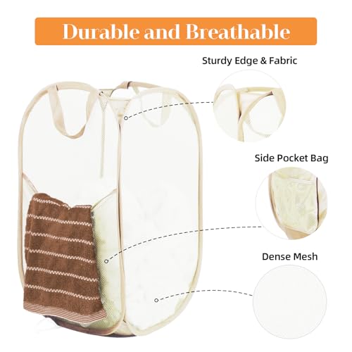 Bemkoo Durable Collapsible Laundry Baskets- Reinforced Mesh Pop Up Laundry Hamper with Side Pocket, Foldable Clothes Storage Hamper with Carry Handles for Laundry, Bathroom, Kids Room, Dorm or Travel Beige - Image 2