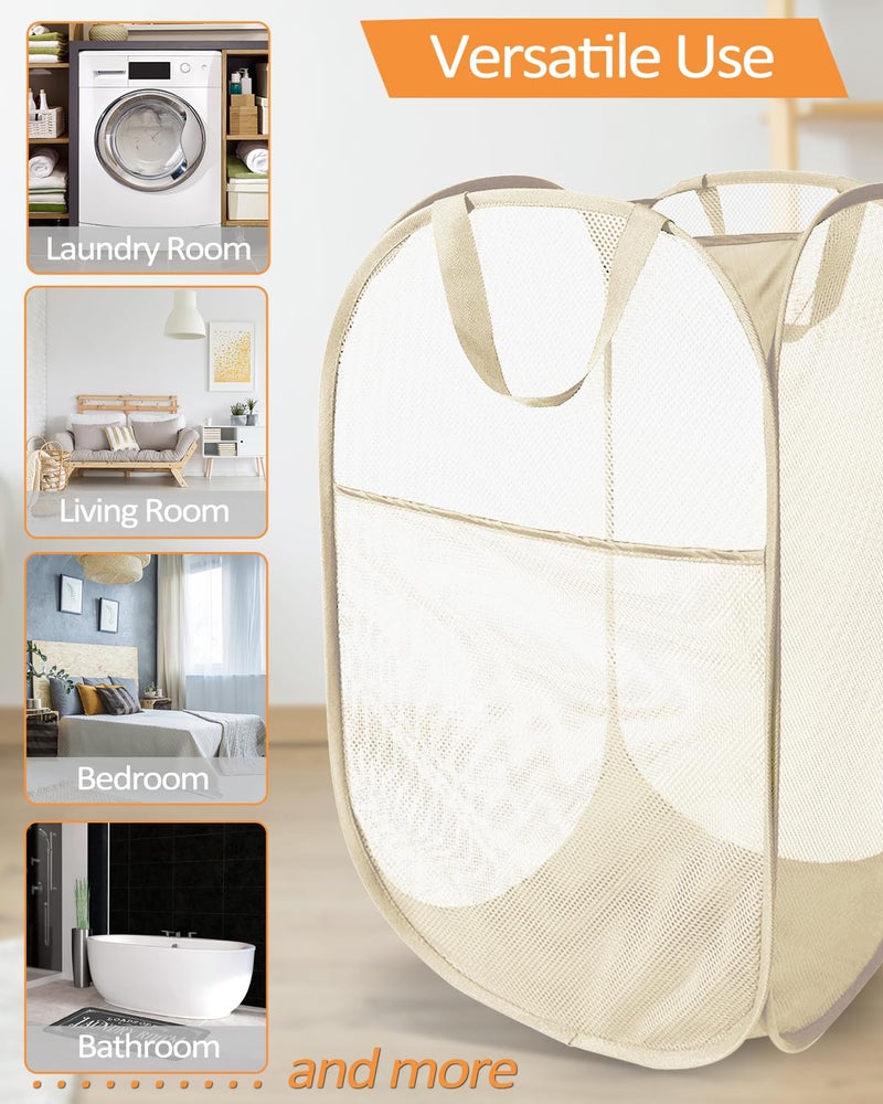 Bemkoo Durable Collapsible Laundry Baskets- Reinforced Mesh Pop Up Laundry Hamper with Side Pocket, Foldable Clothes Storage Hamper with Carry Handles for Laundry, Bathroom, Kids Room, Dorm or Travel Beige - Image 5