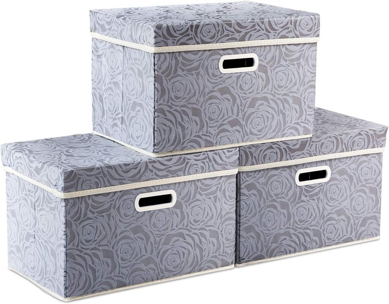 PRANDOM Collapsible Storage Boxes with Lids Fabric Decorative Storage Bins Cubes Organizer Containers Baskets with Cover Handles Divider for Bedroom Closet Living Room 14.9x9.8x9.8 Inch 3 Pack - Image 1
