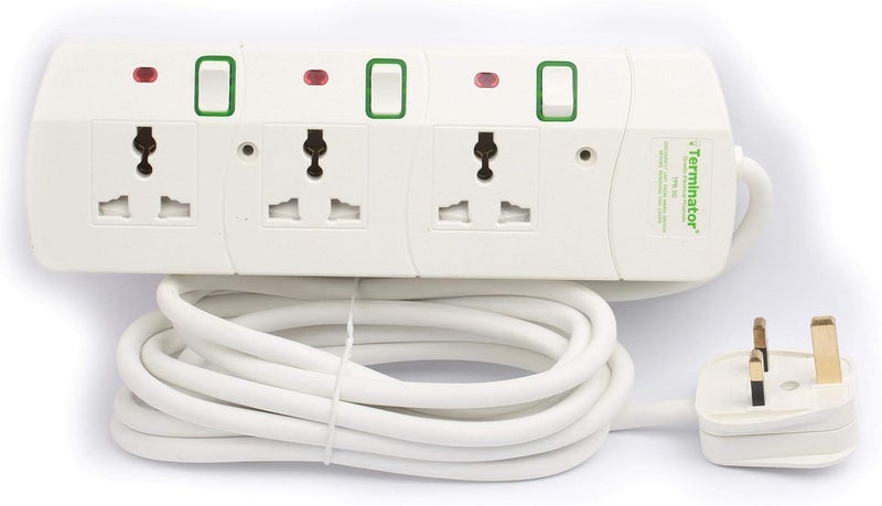 Terminator Universal Power Extension Socket, White color body & cable with individual switch 13A UK 3-pin fused plug (TPB 3G) - Image 1