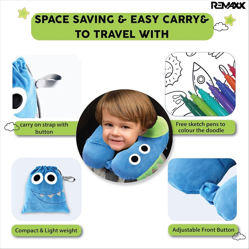 REMAXX Inflatable Kids Travel Neck Pillow for Boys and Girls for Car Airplane Compact Washable Soft Cozy Quick Inflation Camel Head Design with Included Carrybag with Free Sketch for Coloring The Box - Image 5
