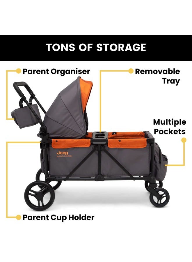 Delta CHILDREN Jeep Sport All-Terrain Stroller Wagon - Includes Canopy, Parent Organizer, Adjustable Handlebar, Snack Tray & Cup Holders, Grey/Bonfire - Image 4