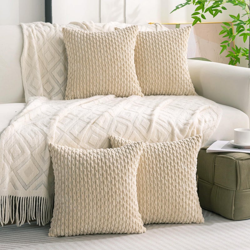 Cozoomy Set of 4 Beige Decorative Pillow Covers 20x20 Inch Corduroy Throw Pillow Covers for Bed Couch Sofa Living Room Soft Cushion Cases - Image 2