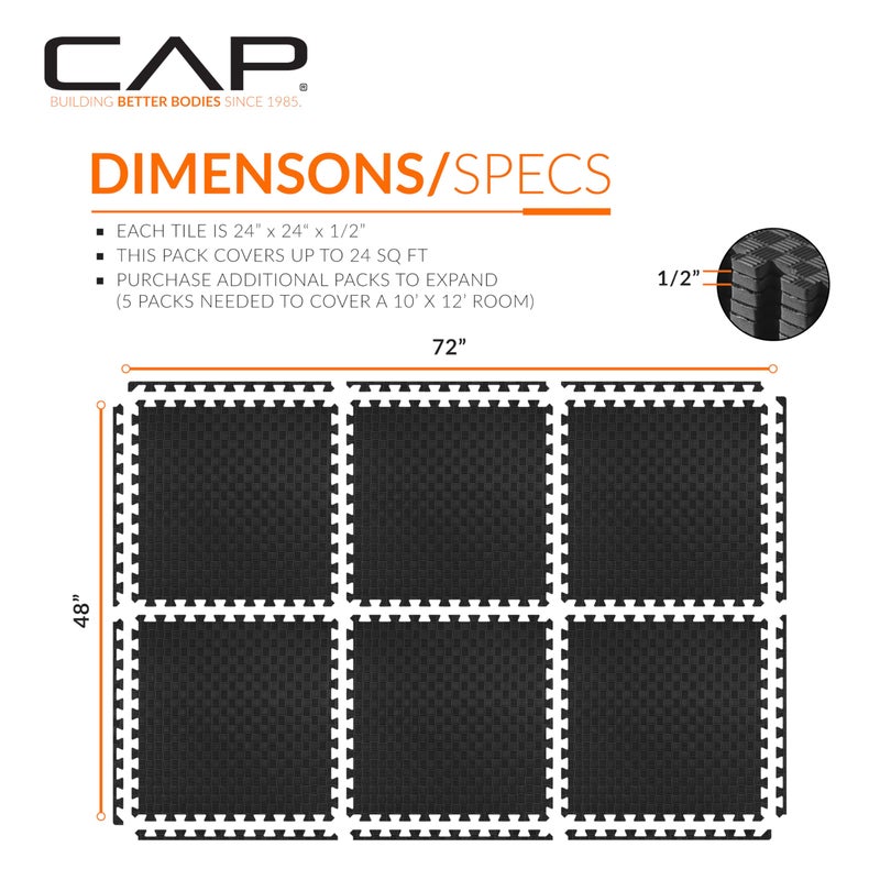 CAP Barbell 1/2-Inch Interlocking EVA Foam Exercise Puzzle Mat Home Gym Flooring - 1 Pack | 24" x 24" x 1/2" | Tatami Pattern - Black - Image 4