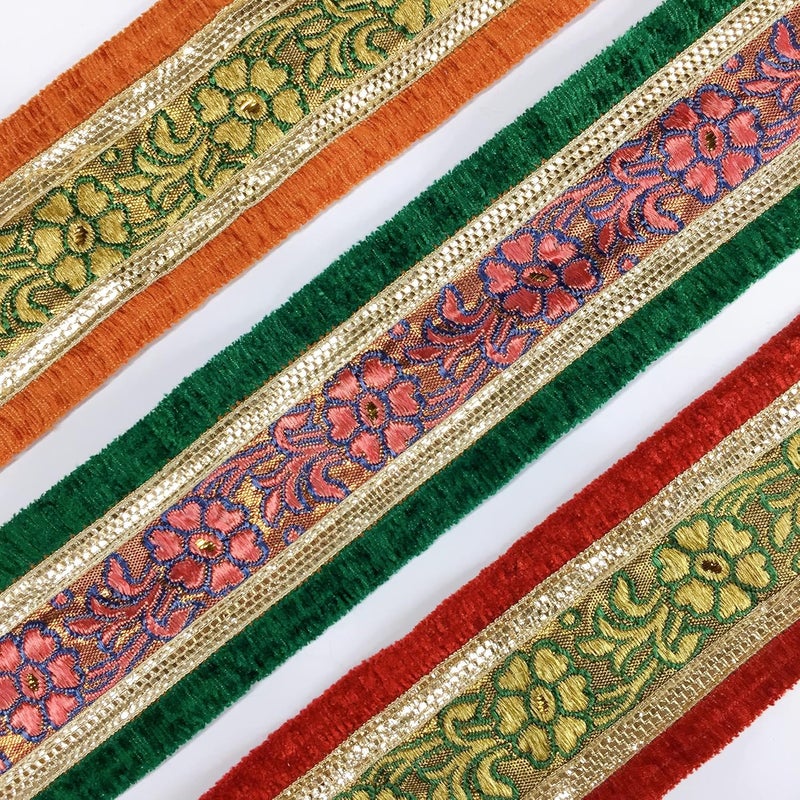 Lami 9 Meter Pink Work & Green Border Flower Design Weaving Work Lace with Golden Zari Work, Banarasi Saree Lace Border Trim, Bridal Lehenga Dupatta Suit Anarkali, Indian Fashion Accessories - Image 4