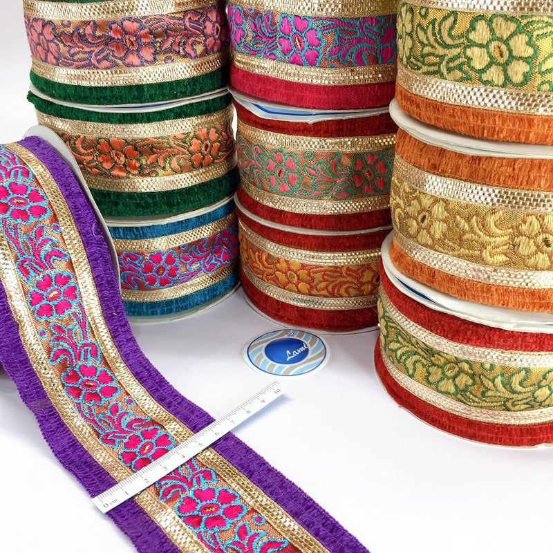 Lami 9 Meter Pink Work & Green Border Flower Design Weaving Work Lace with Golden Zari Work, Banarasi Saree Lace Border Trim, Bridal Lehenga Dupatta Suit Anarkali, Indian Fashion Accessories - Image 2