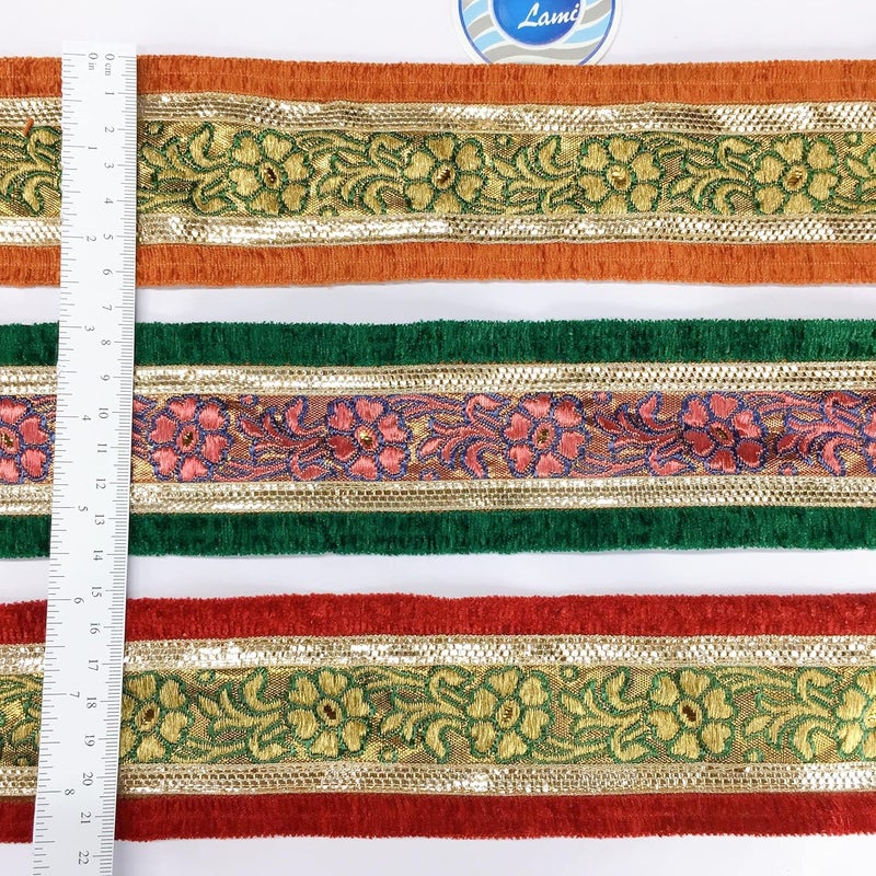 Lami 9 Meter Pink Work & Green Border Flower Design Weaving Work Lace with Golden Zari Work, Banarasi Saree Lace Border Trim, Bridal Lehenga Dupatta Suit Anarkali, Indian Fashion Accessories - Image 3