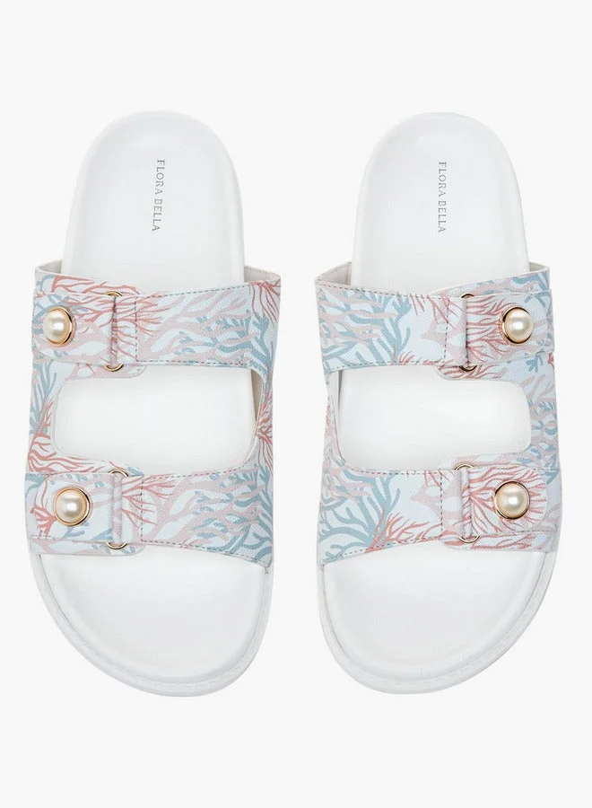 Flora Bella By Shoexpress Printed Pearl Embellished Slip-On Flat Sandals