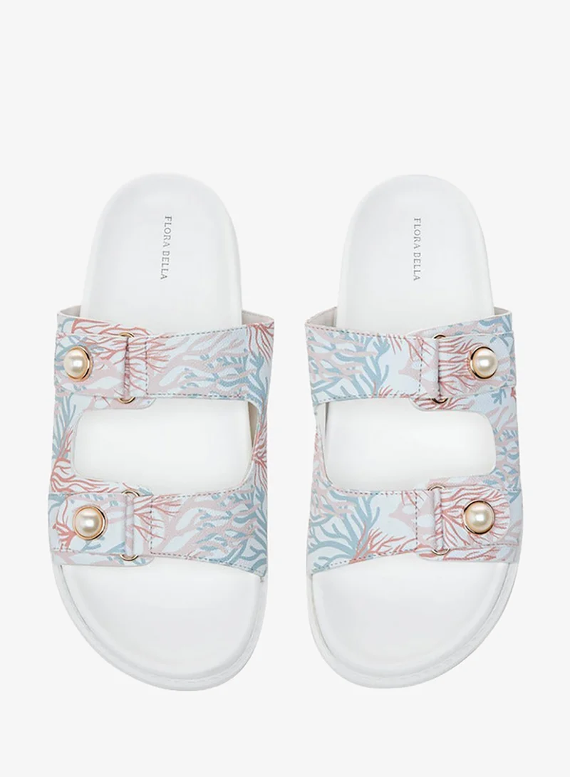 Flora Bella By Shoexpress Printed Pearl Embellished Slip-On Flat Sandals