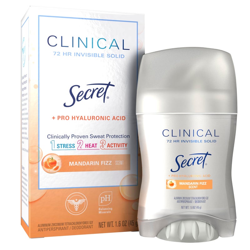 Secret Clinical Strength Antiperspirant Deodorant for Women, 3X Stress Protection, 72hr Sweat & Odor Protection, Pro-Hyaluronic Acid, Invisible Solid, Mandarin Summer Fizz Scent, 1.6 oz - Image 1