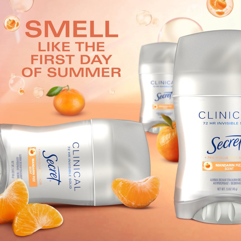 Secret Clinical Strength Antiperspirant Deodorant for Women, 3X Stress Protection, 72hr Sweat & Odor Protection, Pro-Hyaluronic Acid, Invisible Solid, Mandarin Summer Fizz Scent, 1.6 oz - Image 4