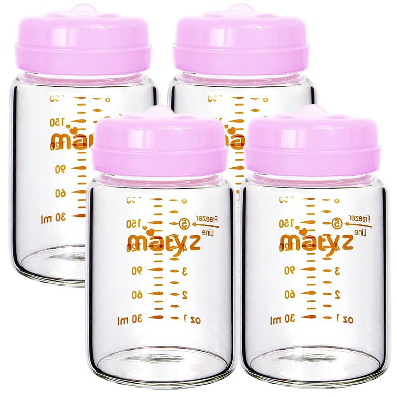 Matyz 4Pack Breast Milk Collection Bottles Pink 6 Oz Each  No BPA Glass Milk Storage Bottles with Lids  Suitable for Philips Avent  Medela Spectra Pumps - Image 1