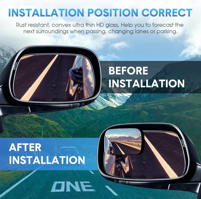 Eliane 3R Rectangle HD Glass Convex Rear View Mirror - Frameless 360° Adjustable Stick-On Blind Spot Mirror | 2 Pack for All Vehicles (Car, SUV, Truck) - Image 2