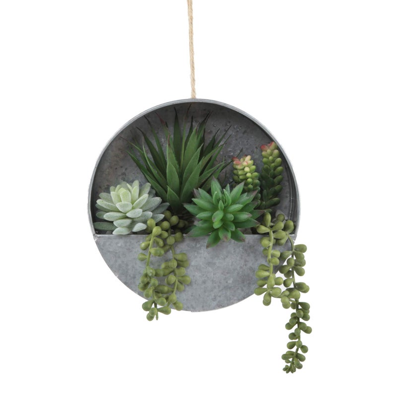 Flora Bunda Modern Artificial Succulent in 8 inch Hanging Galvanized Tin Wall Planter Boho Wall Decor Hanging Fake Plants Cactus for Home Office