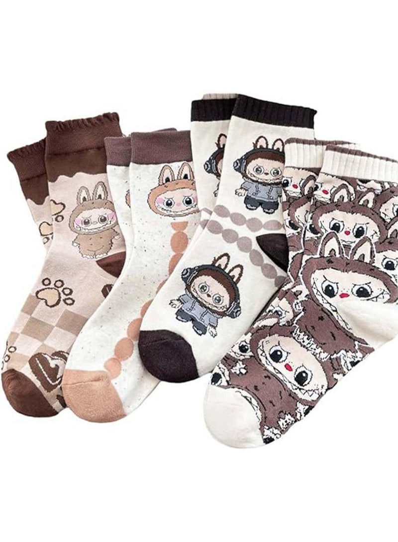 4 Pair Cute Labubu Cartoon Bunny Socks,Fall Winter Cartoon Cute Socks Fall Sports for Women Indoor Cotton Breathable - Image 1