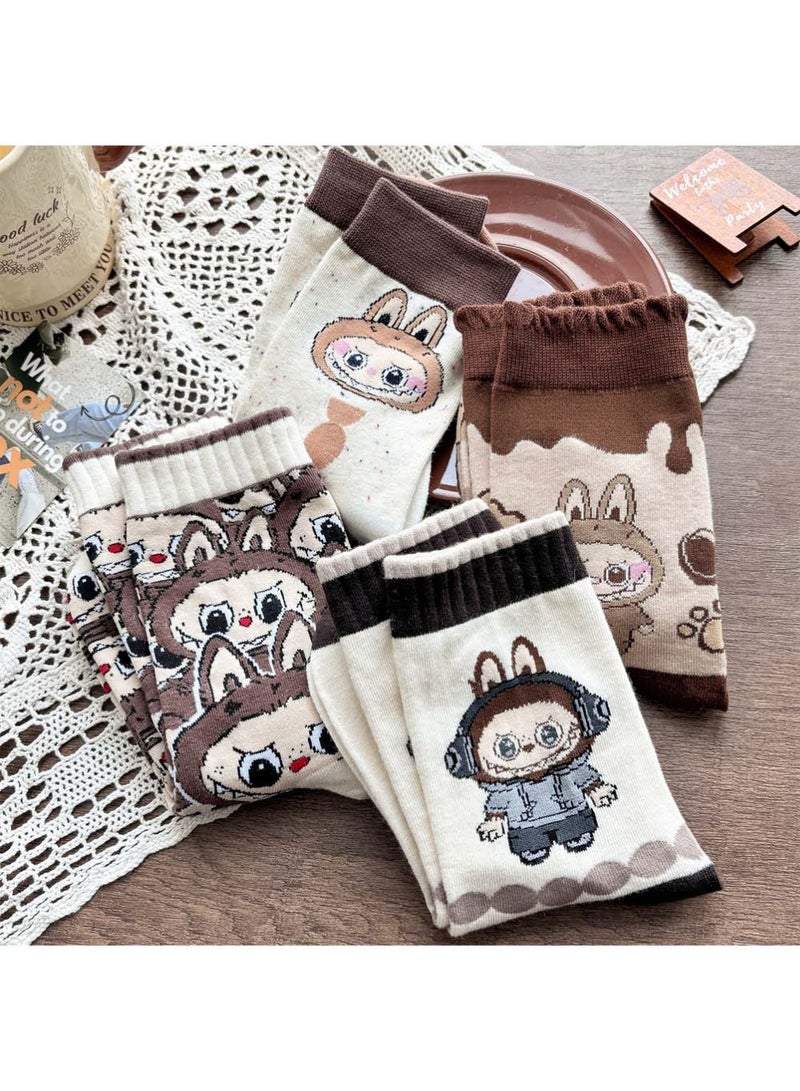 4 Pair Cute Labubu Cartoon Bunny Socks,Fall Winter Cartoon Cute Socks Fall Sports for Women Indoor Cotton Breathable - Image 3