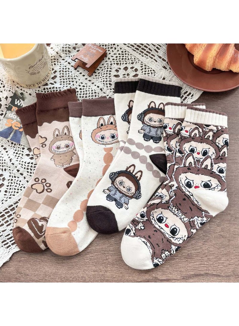 4 Pair Cute Labubu Cartoon Bunny Socks,Fall Winter Cartoon Cute Socks Fall Sports for Women Indoor Cotton Breathable - Image 2
