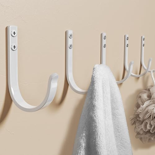 Josmimic Wall Hooks for Hanging Towel/Coat - 22LB Screw in Metal Hanger Wall Mount, for Outdoor, Closet, Door, Bathrooms, for Backpack, Robe, White 5 Pack - Image 1