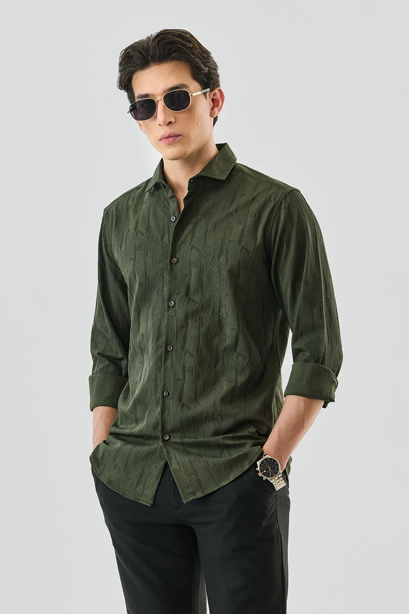 SNITCH Dark Green Textured Long Sleeve Slim Fit Shirt