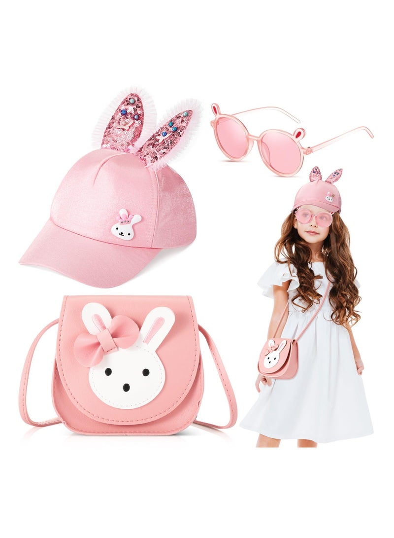 Girls Handbag Set, 3 Pcs Cute Rabbit Girls' Shoulder Bags with Adjustable Strap, Leather Crossbody Bag Bunny Hats Kids Bunny Cartoon Sunglasses with Rabbit Ears, Children Toddlers Gift Pink  - Image 1