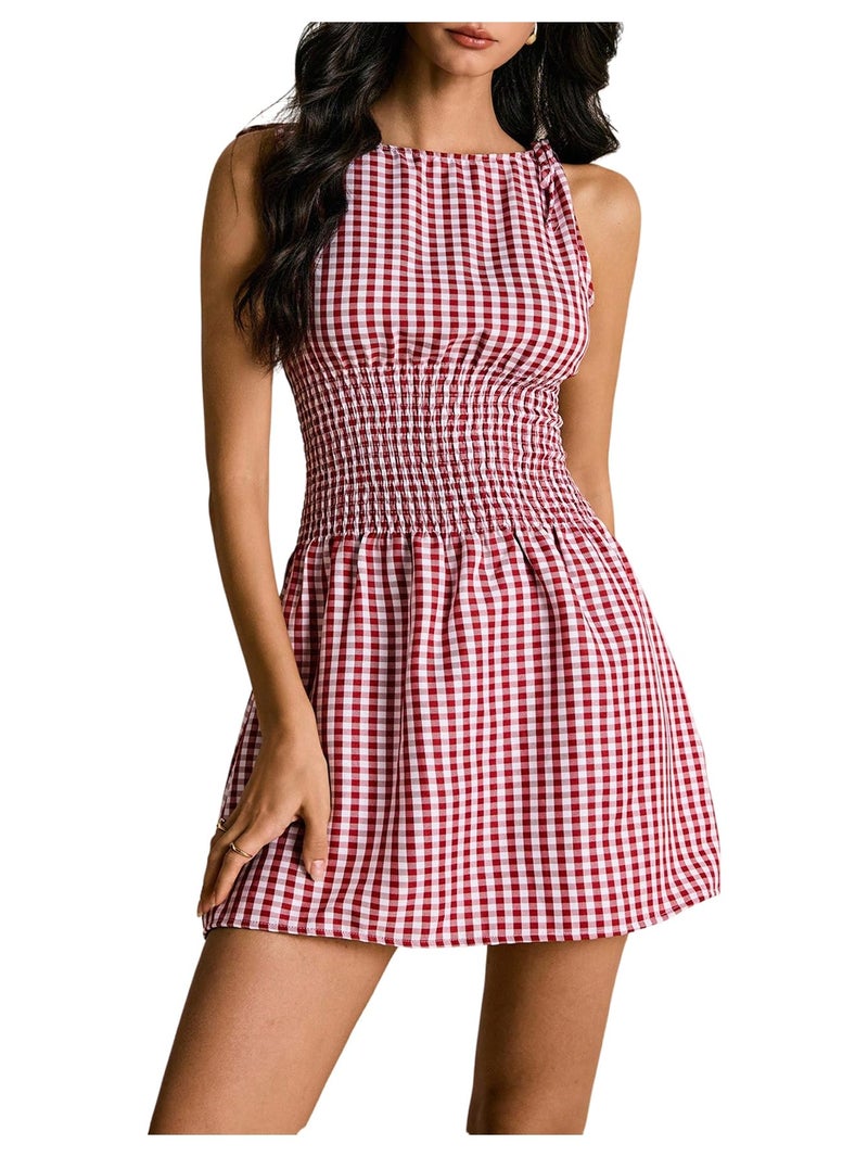 Floerns Women's Tie Shoulder A Line Gingham Dress Boat Neck Mini Checkered Elegant Dresses Red Medium - Image 1