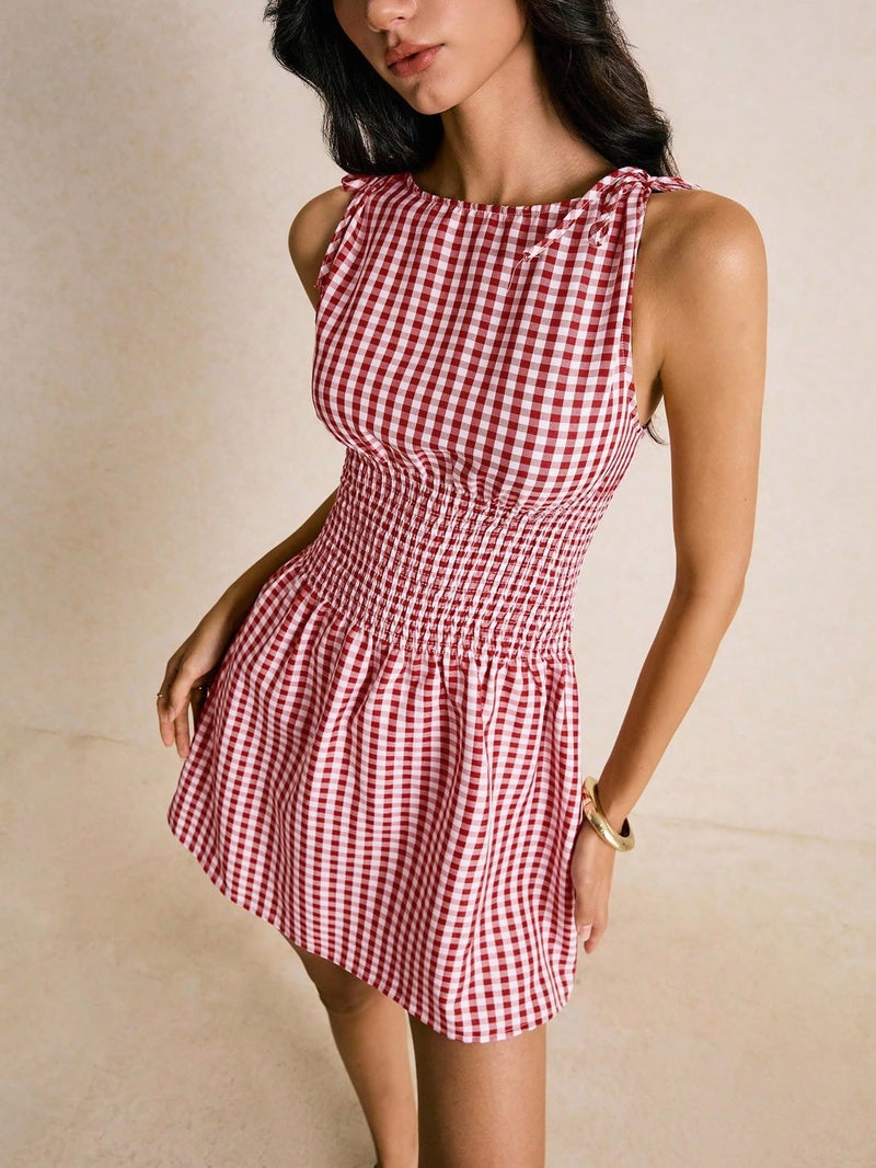 Floerns Women's Tie Shoulder A Line Gingham Dress Boat Neck Mini Checkered Elegant Dresses Red Medium - Image 4