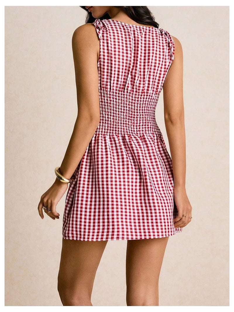 Floerns Women's Tie Shoulder A Line Gingham Dress Boat Neck Mini Checkered Elegant Dresses Red Medium - Image 2