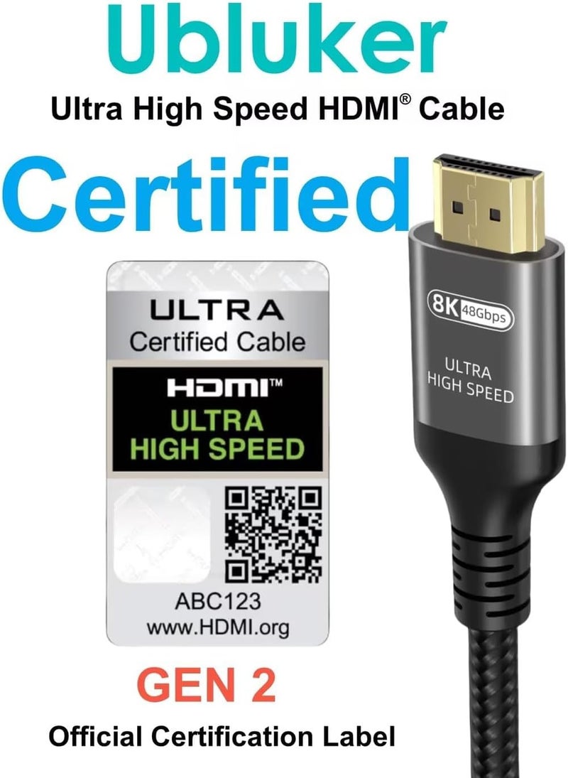 Ubluker كابل HDMI من بدقة 10K/8K/4K، بسرعة نقل بيانات تصل إلى 48 جيجابت في الثانية وطوله 8 أقدام؛ معتمد ككابل HDMI عالي السرعة (Ultra High Speed HDMI®)، يدعم تقنيات 4K بمعدل 240 هرتز أو 144 هرتز أو 120 هرتز، ودقة 8K بمعدل 60 هرتز، وزمن استجابة قدره 0.01 ميللي ثانية، وتقنيات HDR10+ وeARC وHDCP2.3، متوافق مع أجهزة نتفليكس وروكو وأجهزة التلفاز وشاشات الكمبيوتر والمشاريع الضوئية وبلايستيشن 5 وإكس بوكس. - Image 2