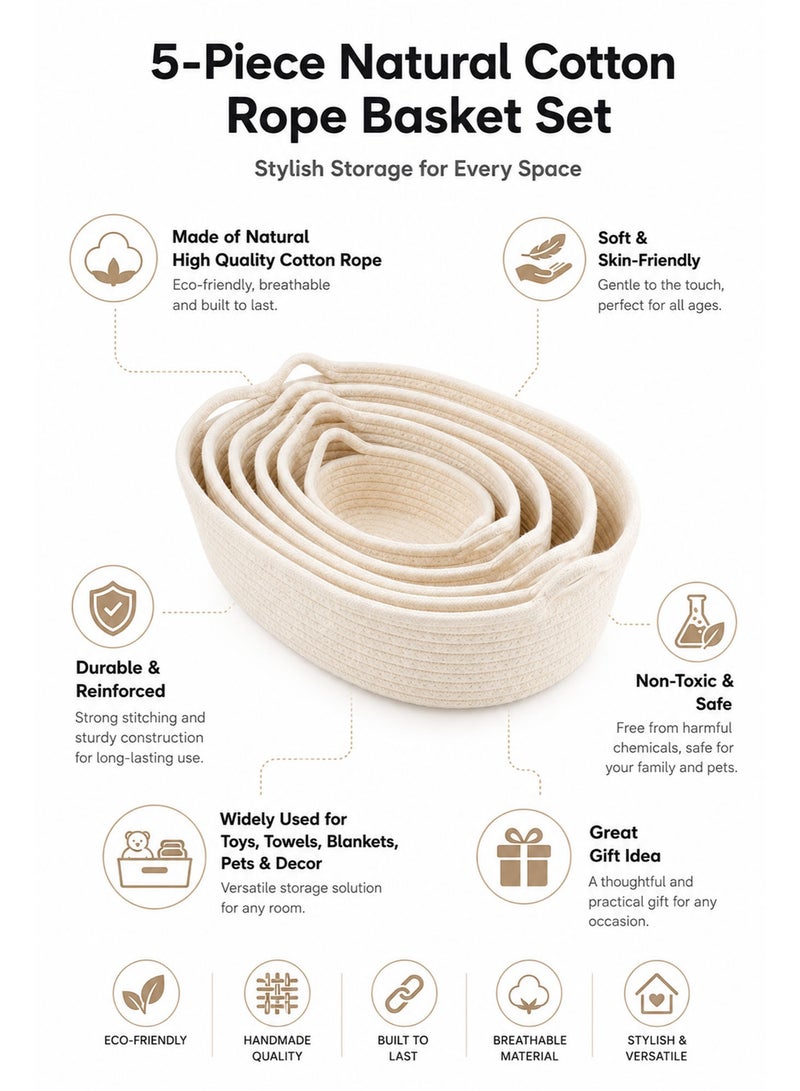 5 Pieces Rectangle Cotton Rope Storage Basket Set, Natural Woven Decorative Organizer Baskets for Baby Nursery, Toys, Bathroom, Shelves & Home Storage (Beige) - Image 3