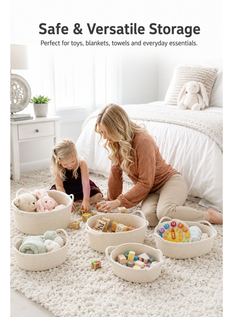 5 Pieces Rectangle Cotton Rope Storage Basket Set, Natural Woven Decorative Organizer Baskets for Baby Nursery, Toys, Bathroom, Shelves & Home Storage (Beige) - Image 4