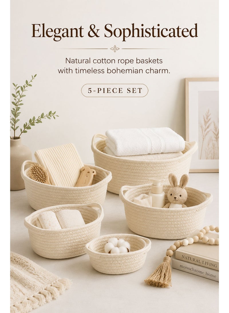 5 Pieces Rectangle Cotton Rope Storage Basket Set, Natural Woven Decorative Organizer Baskets for Baby Nursery, Toys, Bathroom, Shelves & Home Storage (Beige) - Image 5