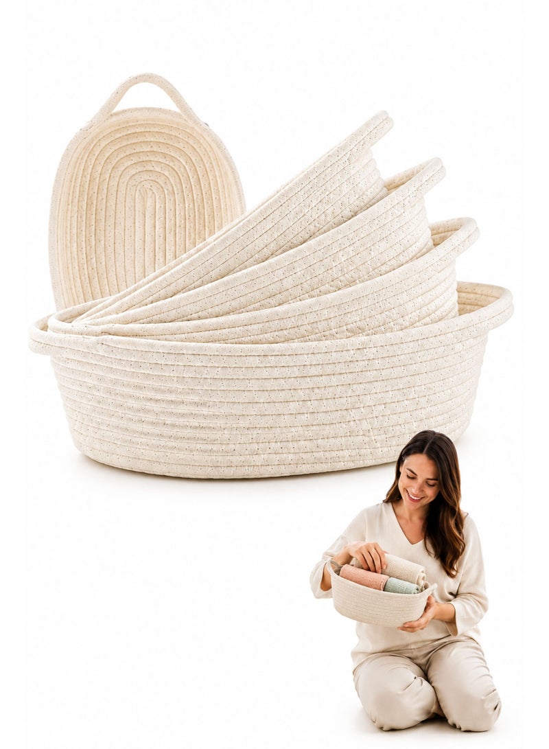 5 Pieces Rectangle Cotton Rope Storage Basket Set, Natural Woven Decorative Organizer Baskets for Baby Nursery, Toys, Bathroom, Shelves & Home Storage (Beige) - Image 1