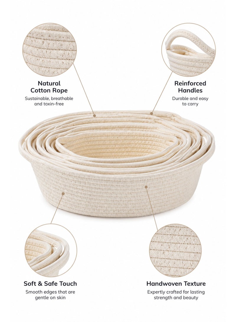 5 Pieces Rectangle Cotton Rope Storage Basket Set, Natural Woven Decorative Organizer Baskets for Baby Nursery, Toys, Bathroom, Shelves & Home Storage (Beige) - Image 2