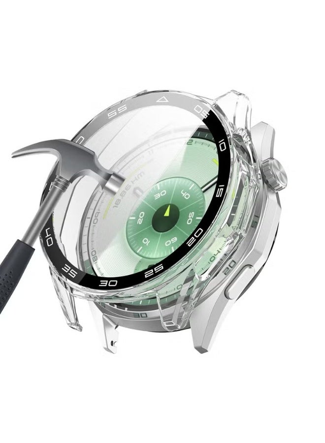 جراب حماية لساعة هواوي GT6 مقاس 46 مم، مصنوع من البولي كربونات الصلب، مزود بواقي شاشة من الزجاج المقوى وغطاء حماية للإطارات، مناسب لساعة هواوي GT6 مقاس 46 مم (شفاف). - Image 1