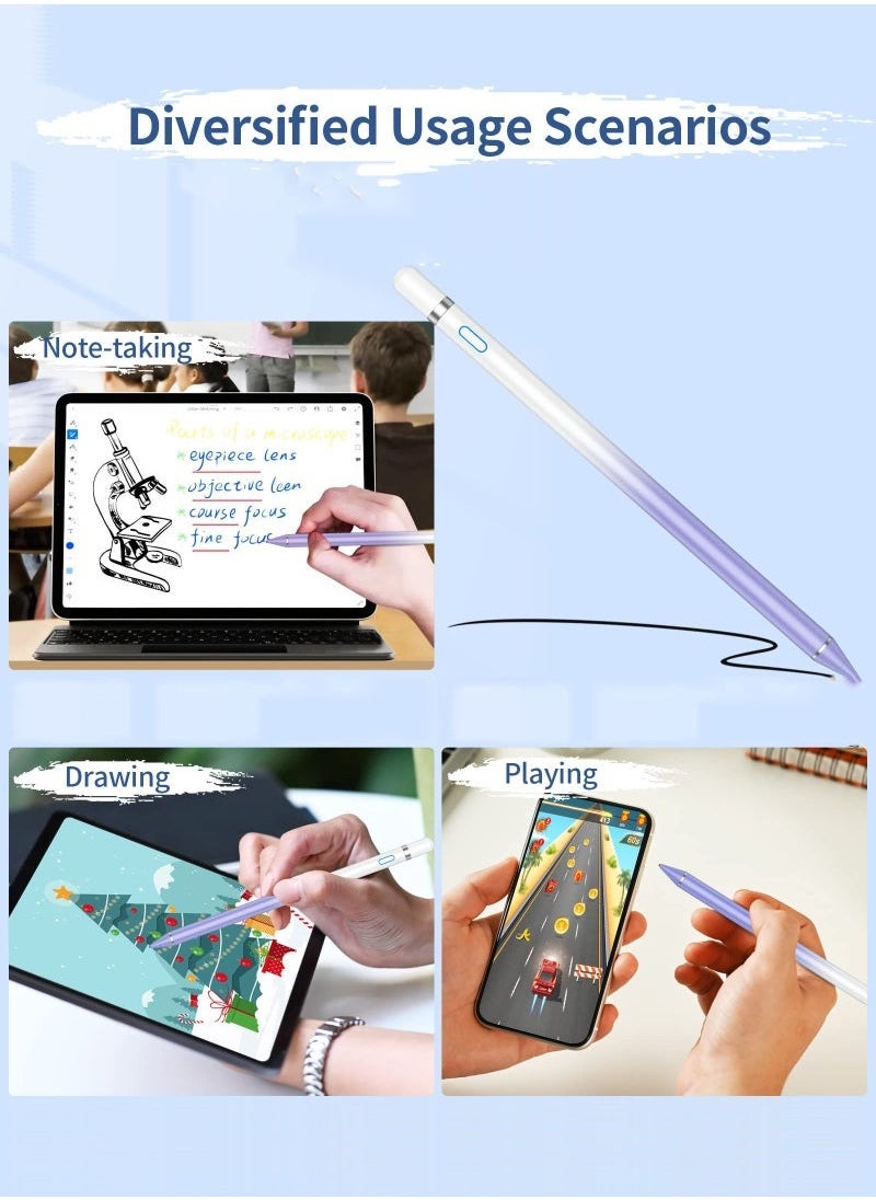 Stylus Pen for iPad, Active Stylus Pen for Touch Screens with Fine Point Tip and Magnetic Cap, Compatible with Apple iPad, iPhone, Android, Tablet and Other Capacitive Touch Screen (White Purple)