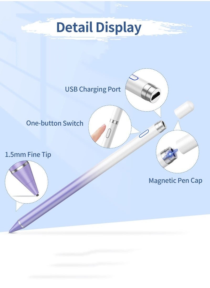 Stylus Pen for iPad, Active Stylus Pen for Touch Screens with Fine Point Tip and Magnetic Cap, Compatible with Apple iPad, iPhone, Android, Tablet and Other Capacitive Touch Screen (White Purple)