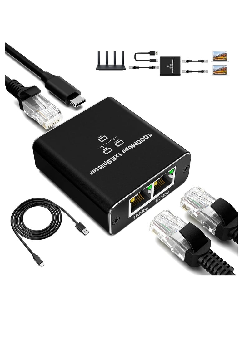 Ringoga 1000Mbps LAN Splitter, 1 to 2 Ethernet Port 2 Gigabit RJ45 Port LAN Splitter with Type C Power Cable for PC Hub Router Set-Top Box  - Image 1