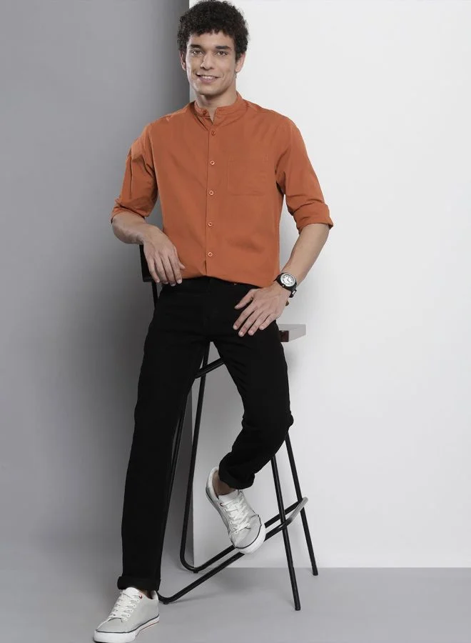 ذا انديان كراج كو Men Regular Fit Solid Full Sleeves Mandarin Collar Casual Shirt