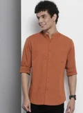The Indian Garage Co Men Regular Fit Solid Full Sleeves Mandarin Collar Casual Shirt
