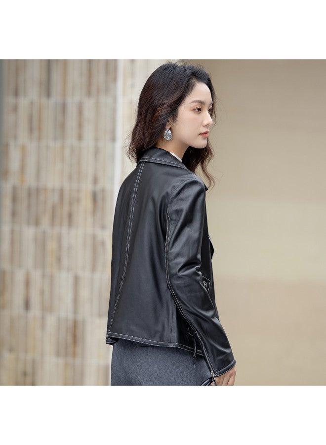 Fapai Counter Same Style Women's Genuine Leather Jacket Short Lapel Leather Jacket Fashion Motorcycle Leather Jacket - Image 4