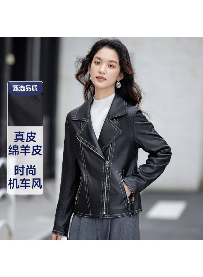 Fapai Counter Same Style Women's Genuine Leather Jacket Short Lapel Leather Jacket Fashion Motorcycle Leather Jacket - Image 2